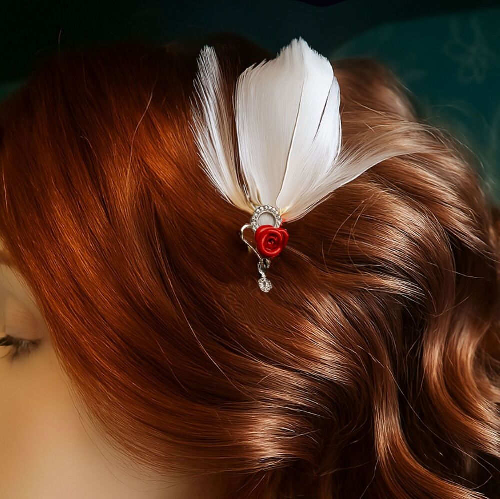 Bridal Feather Hair Grip &ndash; White Feathers with Red Rose & Heart Gem