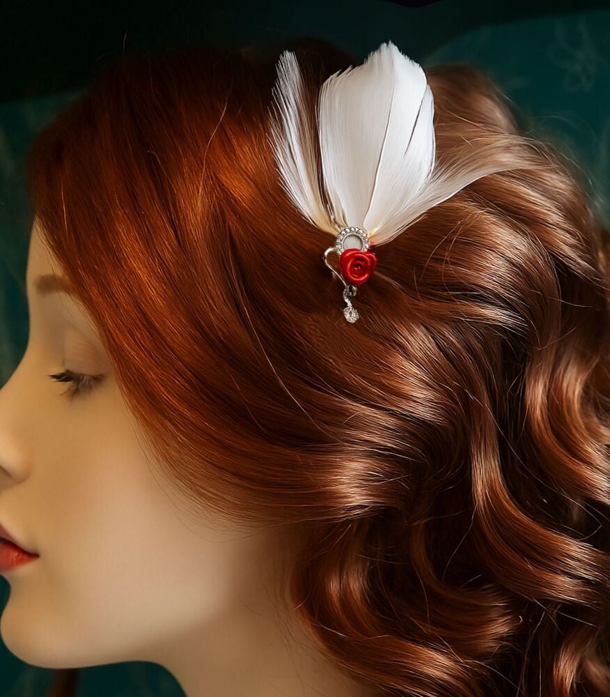 Bridal Feather Hair Grip – White Feathers with Red Rose & Heart Gem
