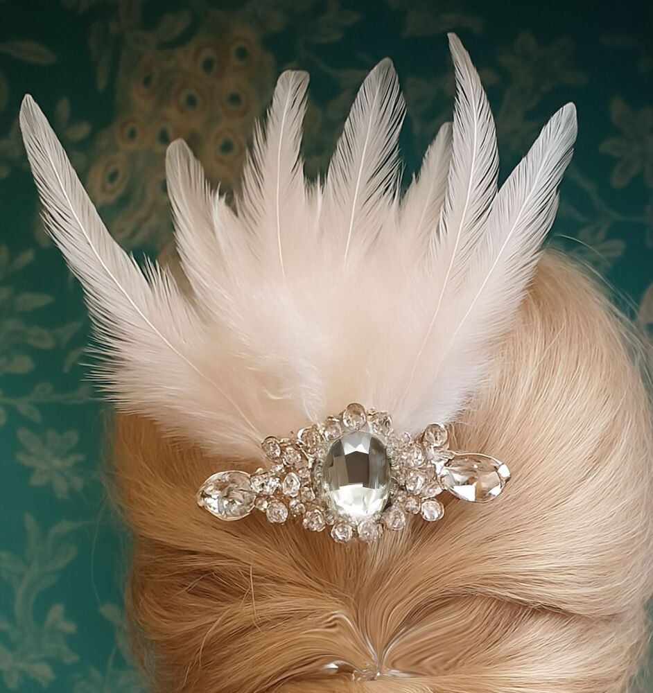Bride Feather Hair Comb with White Feathers and Gems