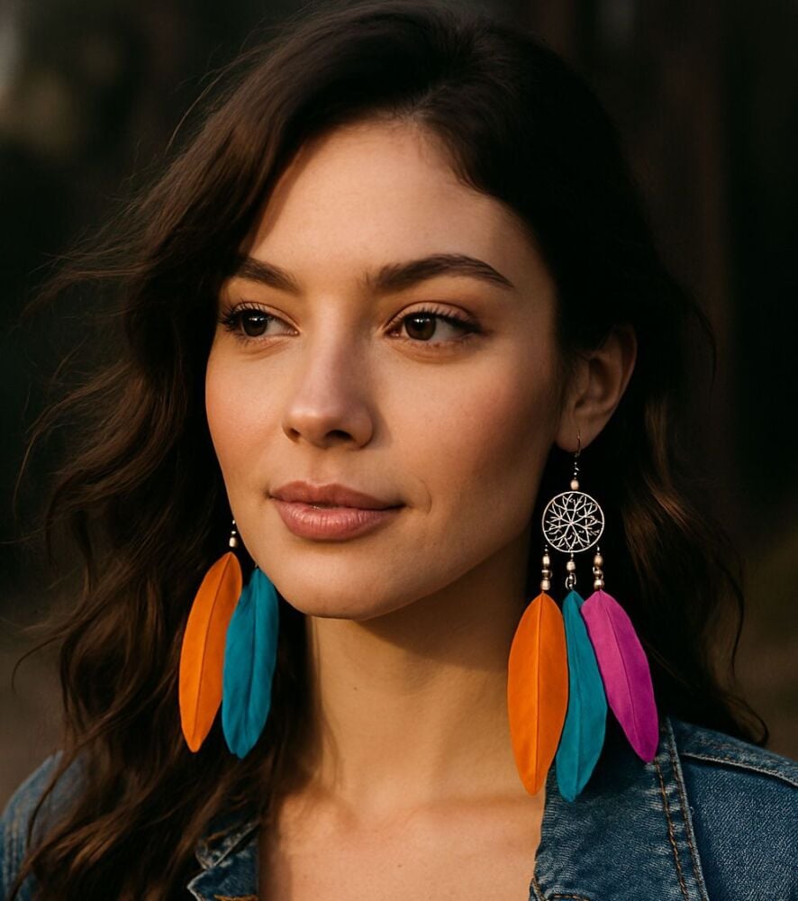 Orange, Jade Green and Hot Pink Feather Earrings with Silver Accents