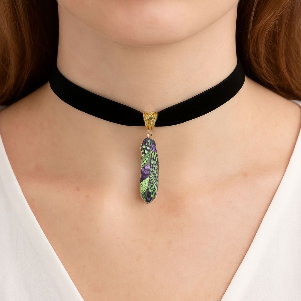 Black Velvet Choker with Green and Purple Feather Charm