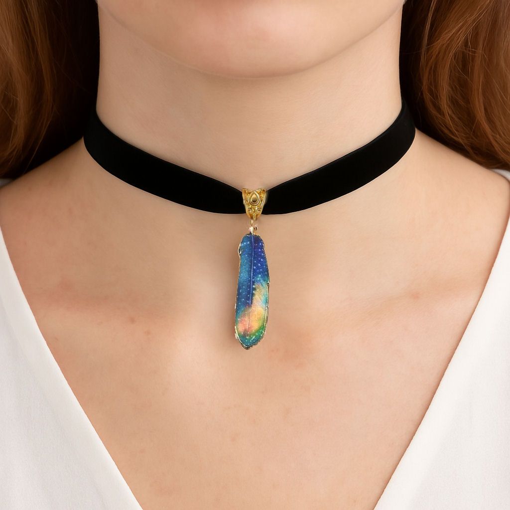 Black Velvet Choker with Blue, Yellow and Green Feather Charm
