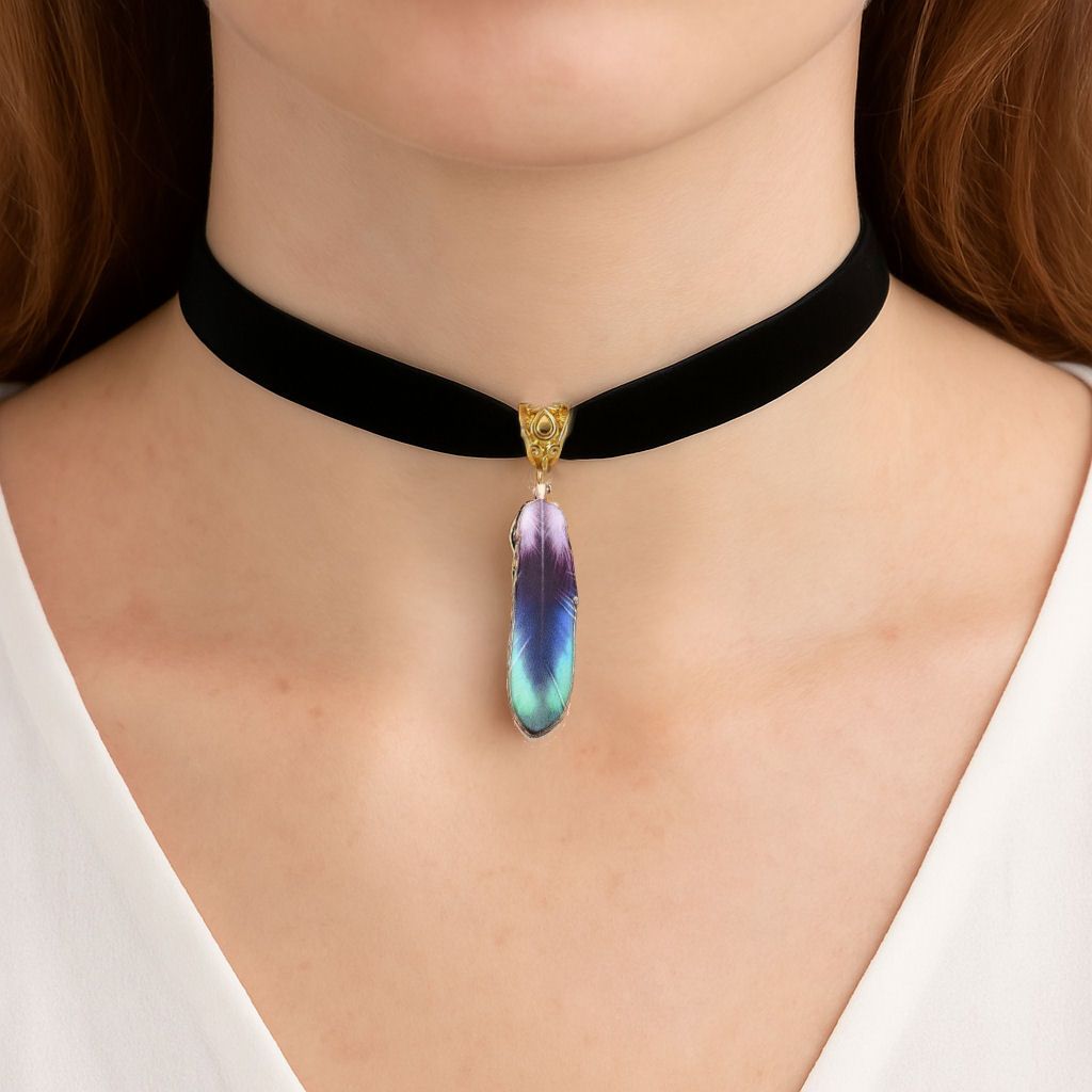 Black Velvet Choker with Blue, Purple and Green Feather Charm
