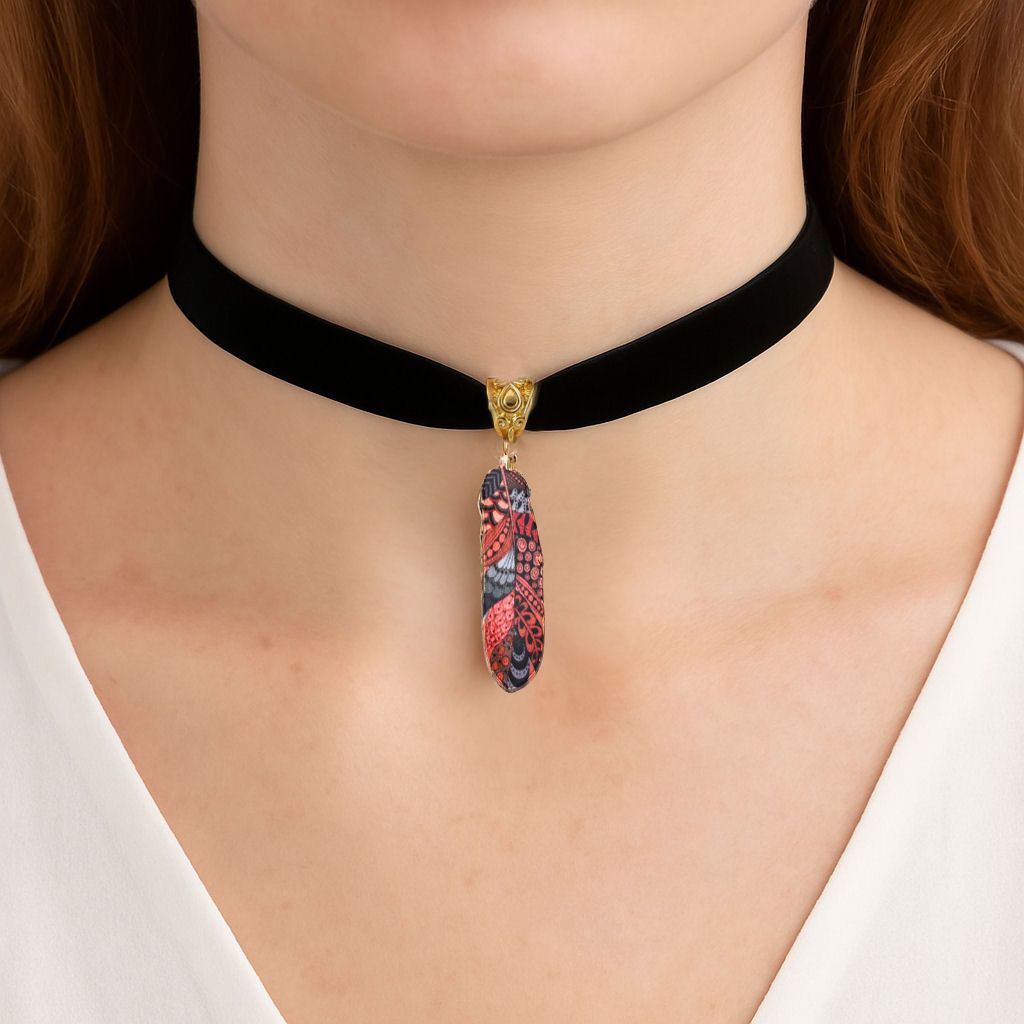 Black Velvet Choker with Red and Black Feather Charm