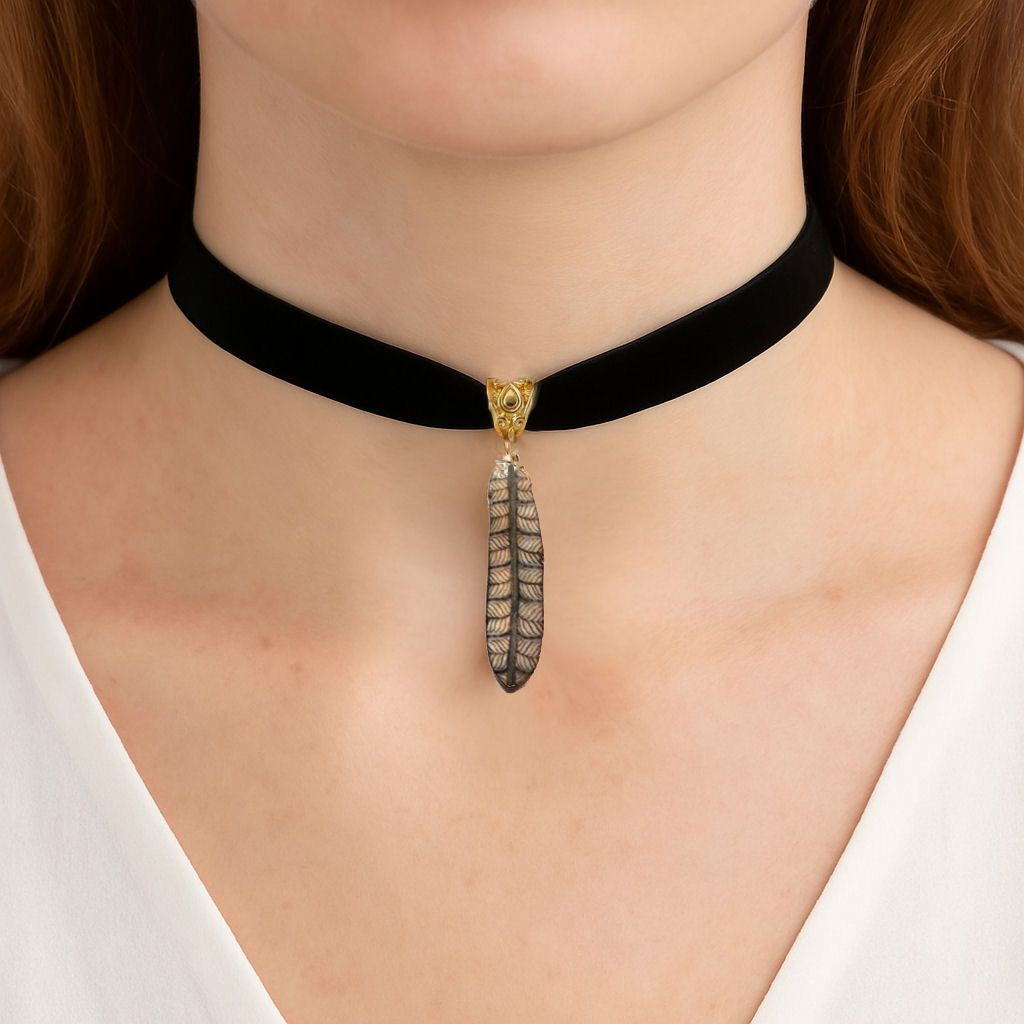 Alloy Feather Charm & Black Velvet Choker Necklace with Tribal Print Flair