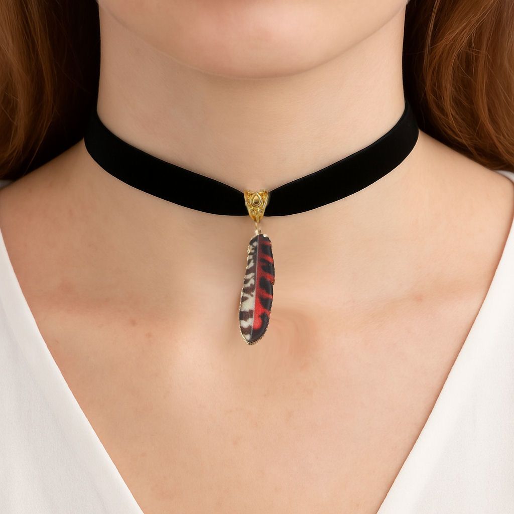 Animal Print Alloy Feather Pendant on Black Velvet Choker