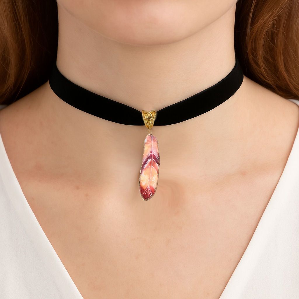 Fiery Tribal Print Alloy Feather Pendant on Black Velvet Choker