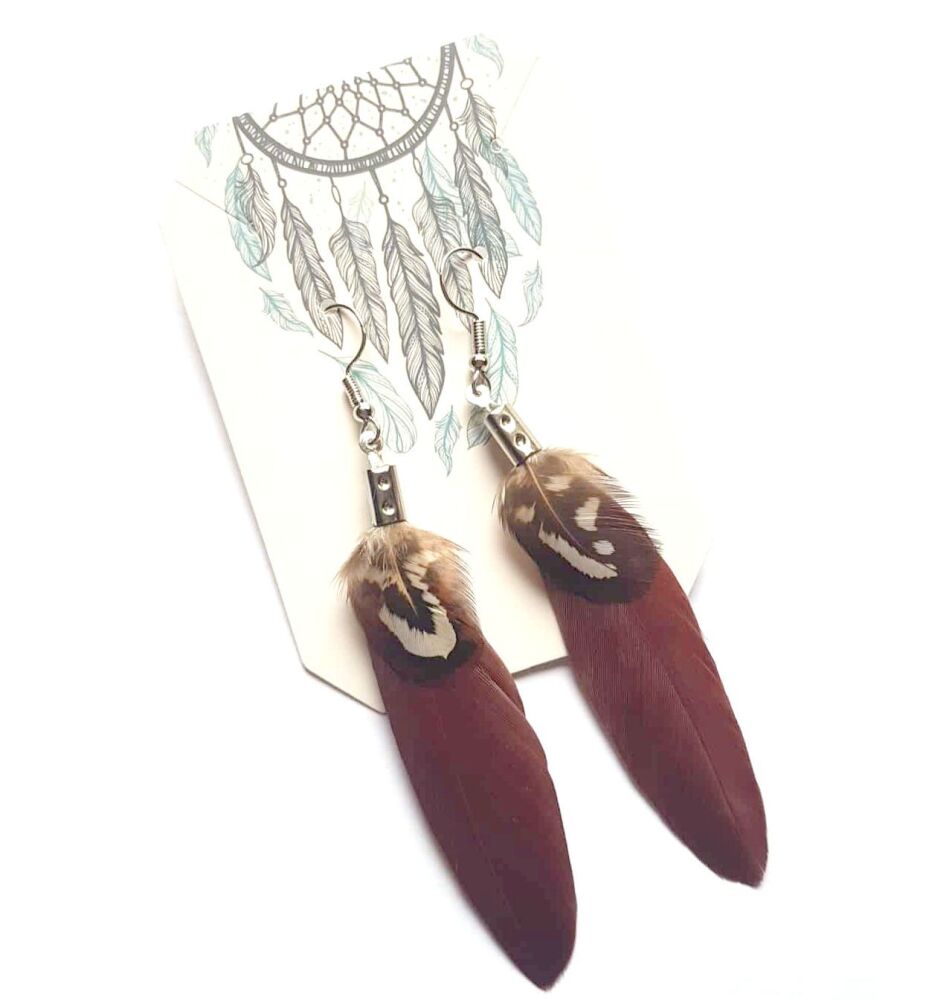 Brown Feather Earrings with Decorative Pheasant Feather