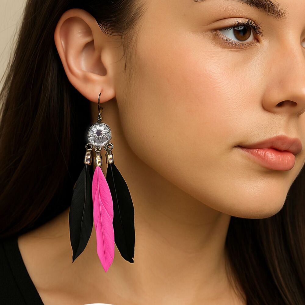 Black and Hot Pink Feather Earrings with Decorative Silver Pendant