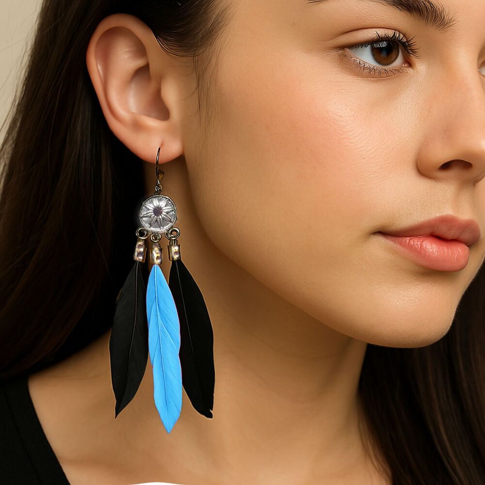 Black and Aqua Blue Feather Dangle Earrings, Chandelier Design with Three Sleek Feathers