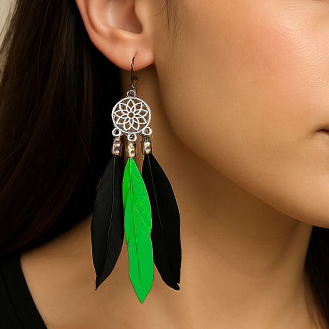 Black and Green Feather Dangle Earrings, Chandelier Design with Three Sleek Feathers