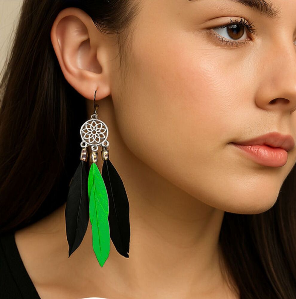 Black and Green Feather Dangle Earrings, Chandelier Design with Three Sleek Feathers