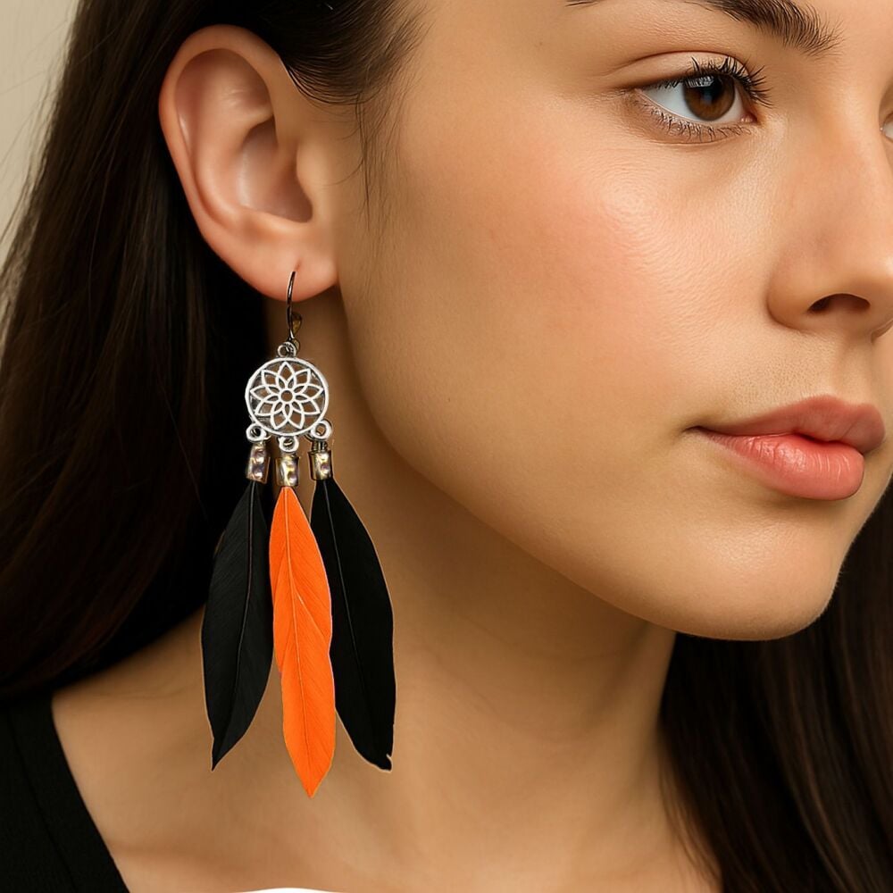 Black and Orange Feather Dangle Earrings, Chandelier Design with Three Sleek Feathers