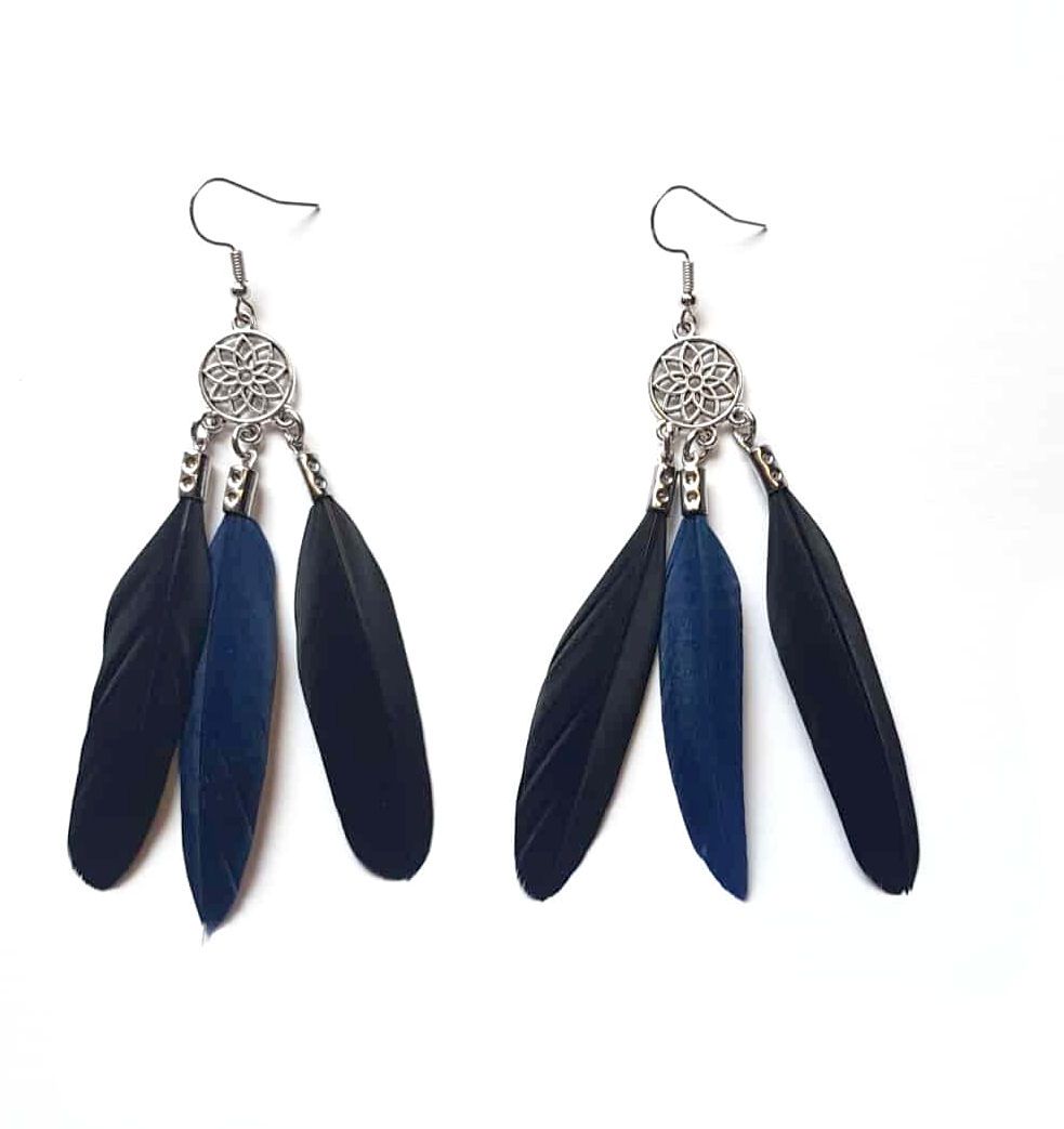 Black and Navy Blue Feather Dangle Earrings, Chandelier Design with Three Sleek Feathers