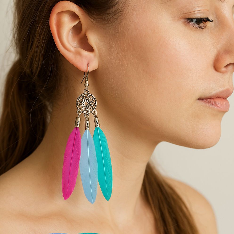 Blue, Green and Pink Feather Earrings with Decorative Silver Pendant and Three Sleek Goose Feathers