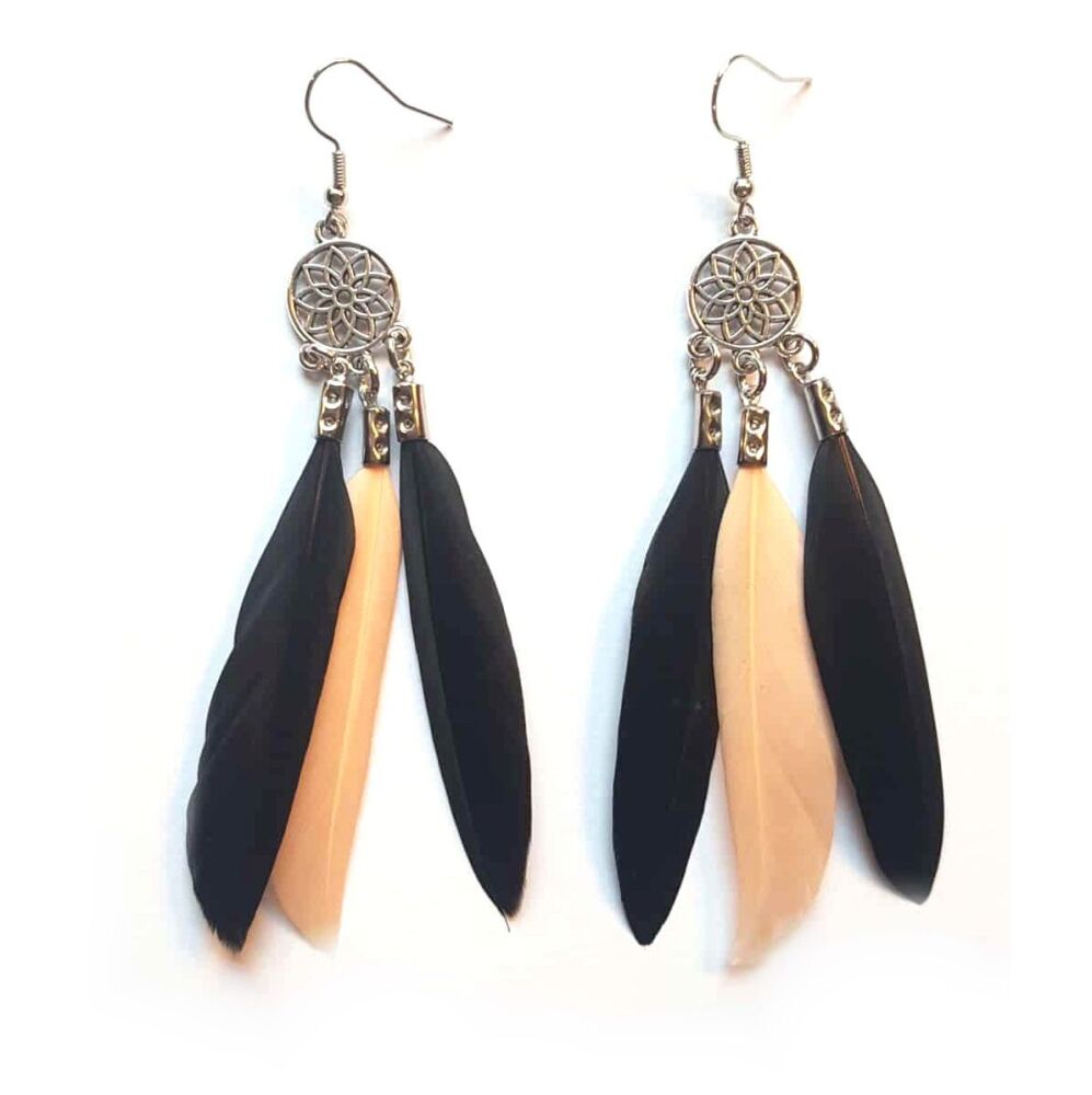 Black and Peach Feather Dangle Earrings, Chandelier Design with Three Sleek Feathers