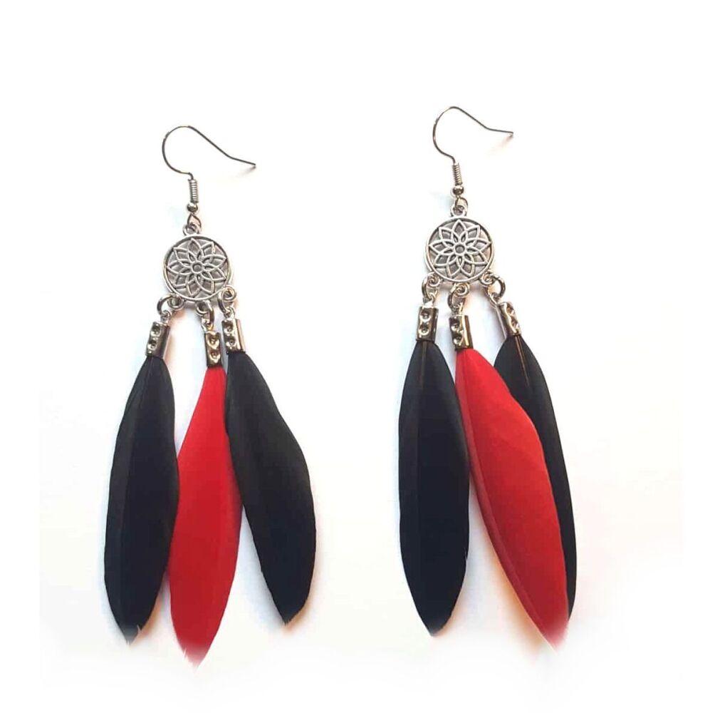 Black and Red Feather Dangle Earrings, Chandelier Design with Three Sleek Feathers