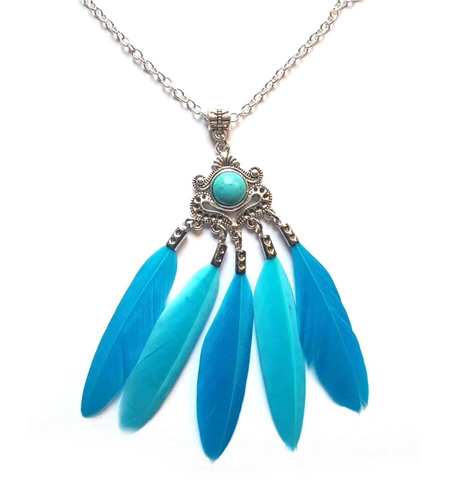 Aqua Blue Feather Pendant Necklace with Silver & Turquoise Healing Stone