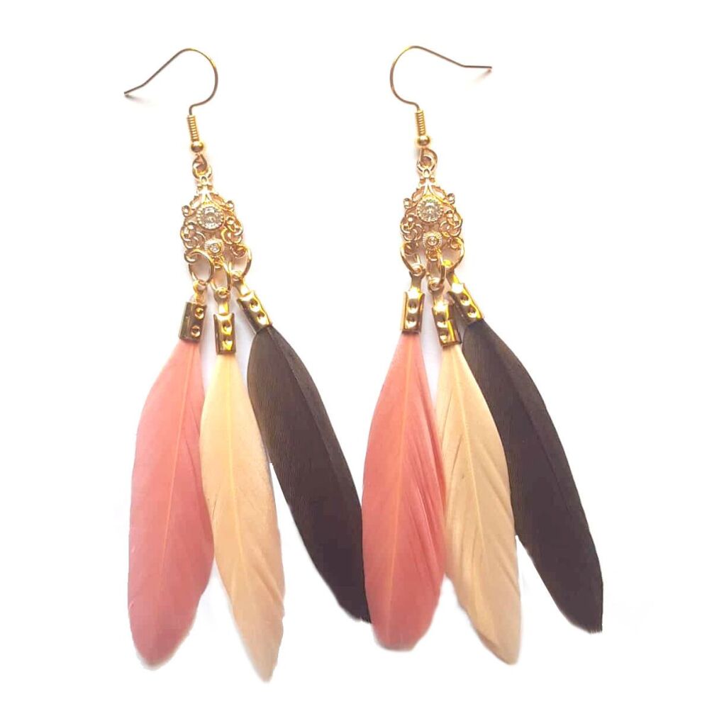 Brown, Peach & Rose Pink Feather Earrings with Gold Pendant & Crystal Rhinestones