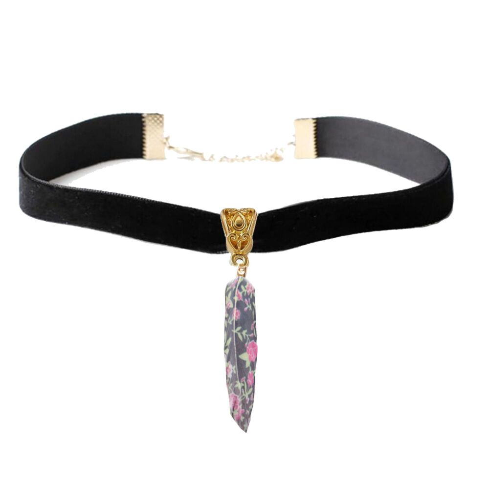 Black Velvet Choker with Floral Feather Charm