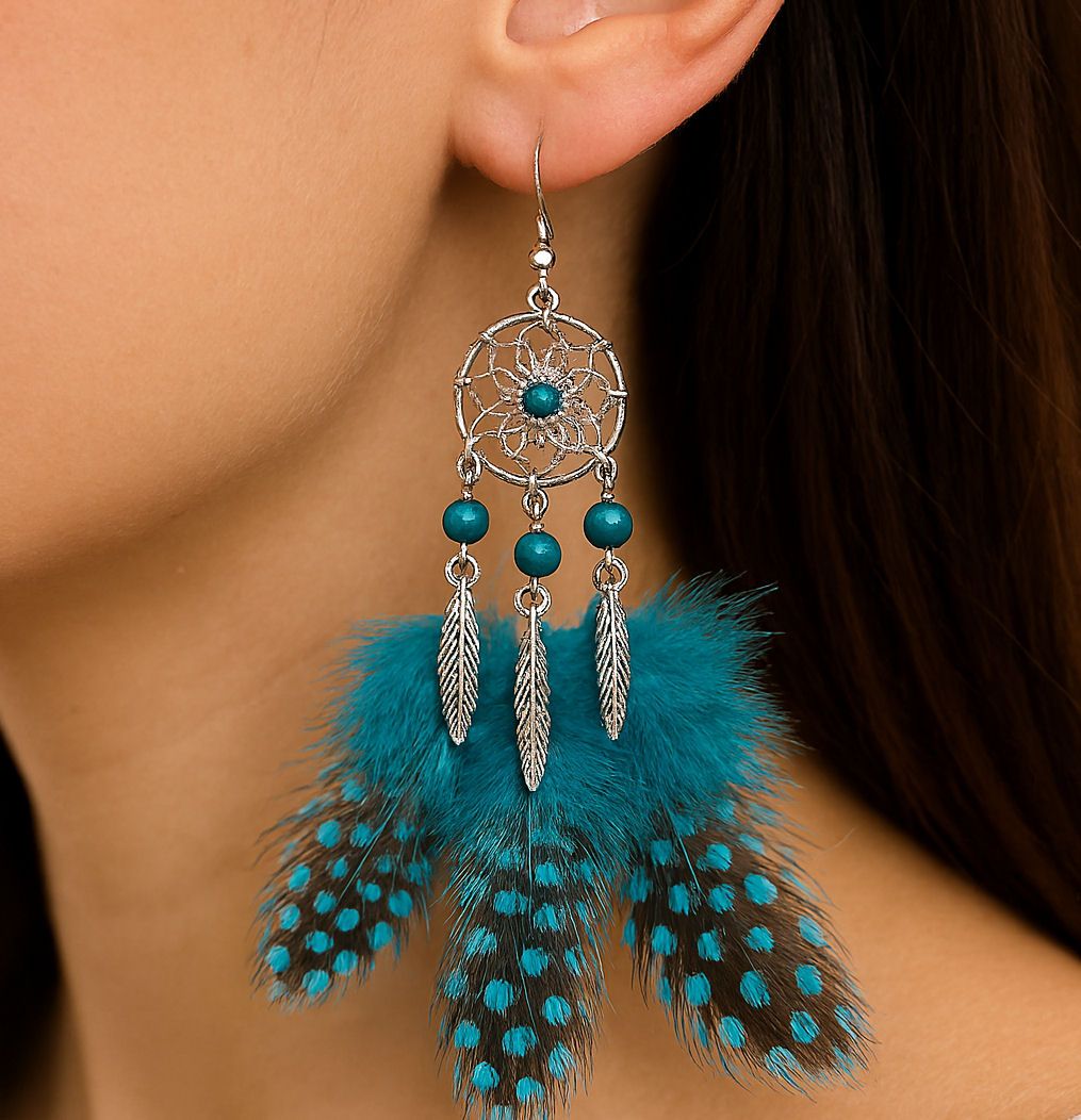 Dream Catcher Feather Earrings – Turquoise Blue Guinea Feathers & Beads