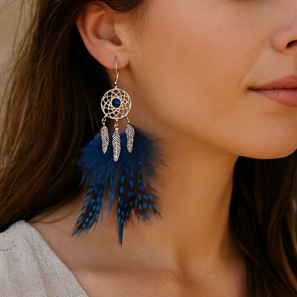 Dream Catcher Feather Earrings – Navy Blue Guinea Feathers & Beads