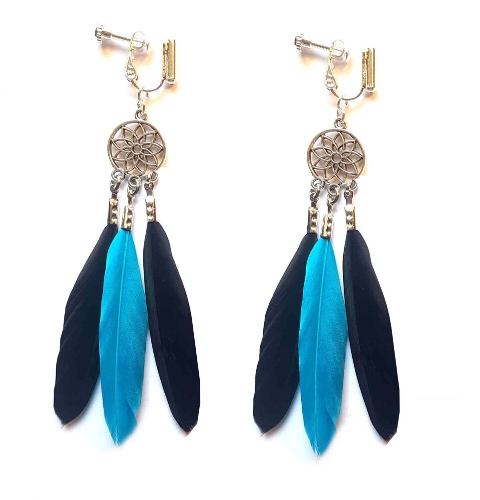 Black and Aqua Blue Feather Earrings (Clip on/Screw on)