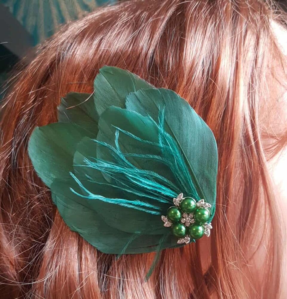 Dark Green Feather Hair Clip with Ostrich Hurl and Pearl, Diamante Gem