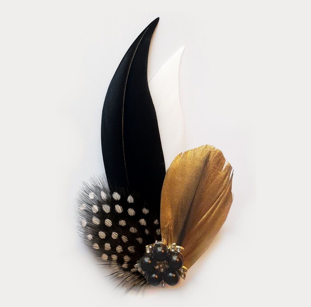 Black, White & Gold Pointed Feather Hair Clip