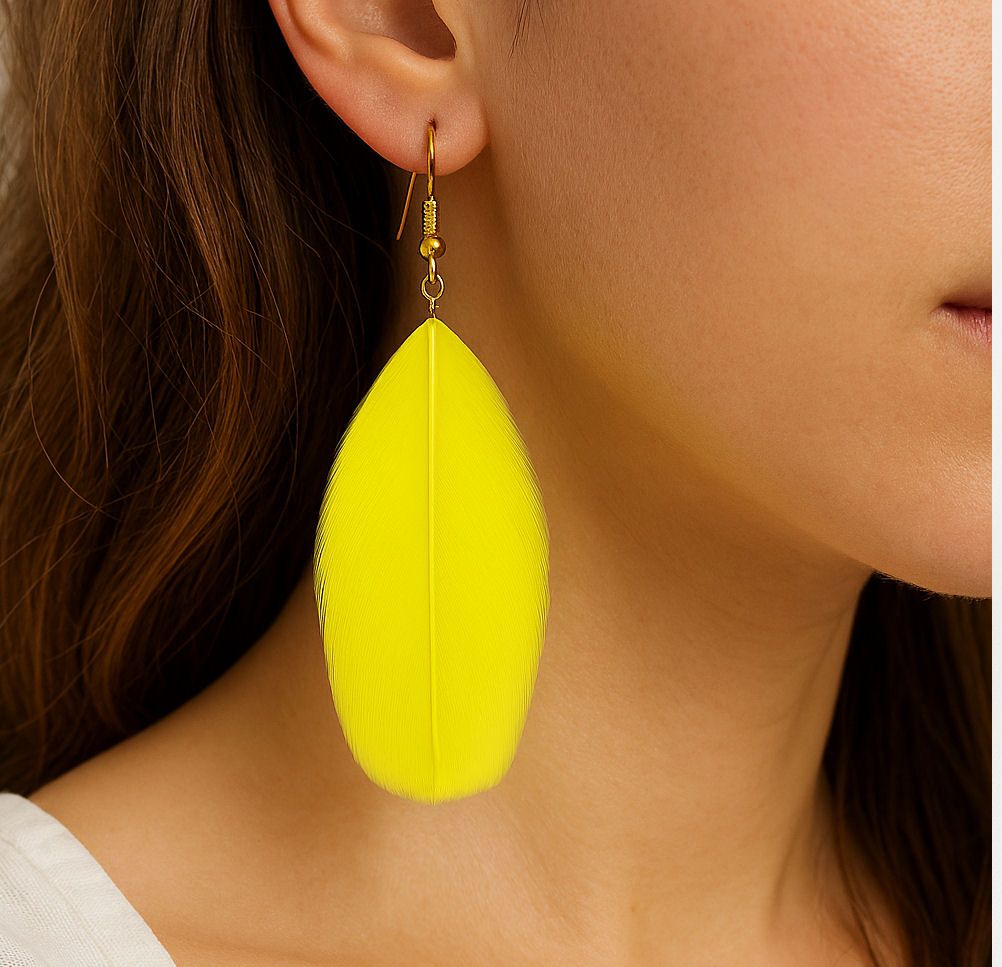 Yellow Goose Feather Earrings with Gold Earring (6 to 7cm)
