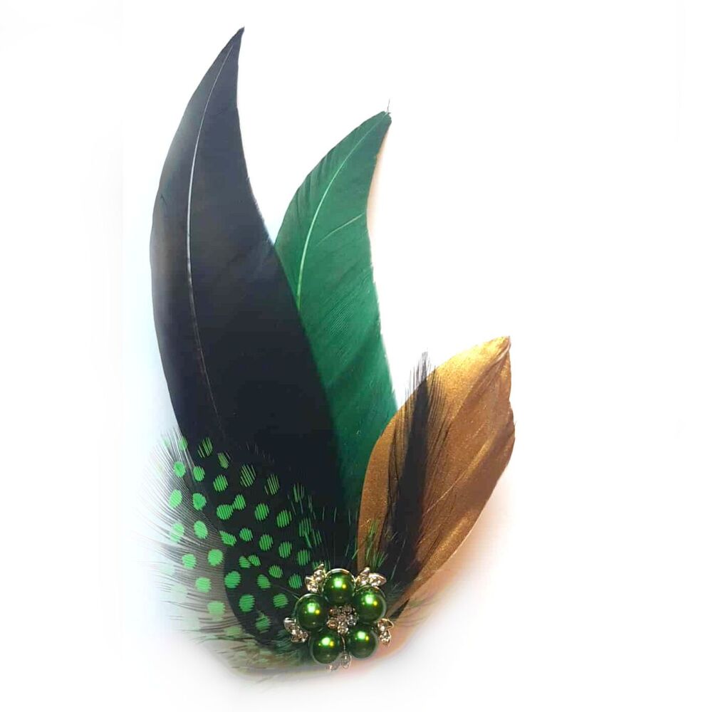 Black, Dark Green & Gold Pointed Feather Hair Clip