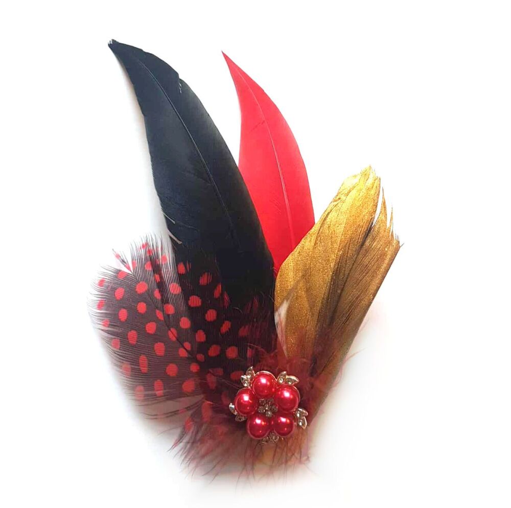 Black, Red & Gold Pointed Feather Hair Clip