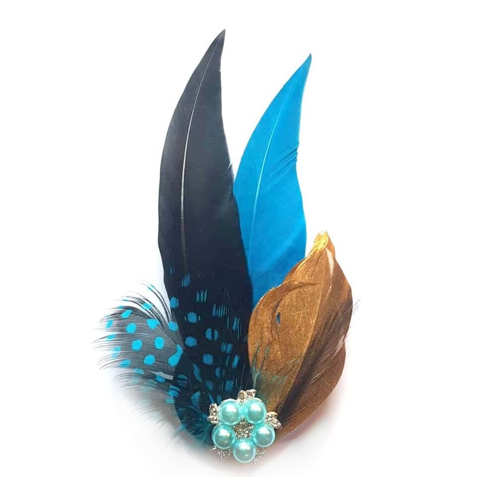Black, Aqua, Deep Turquoise & Gold Pointed Feather Hair Clip