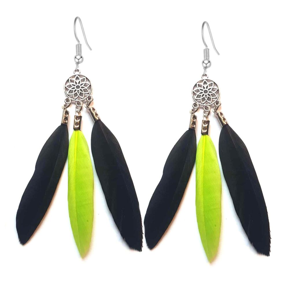 Black and Lime Green Feather Dangle Earrings, Chandelier Design with Three Sleek Feathers