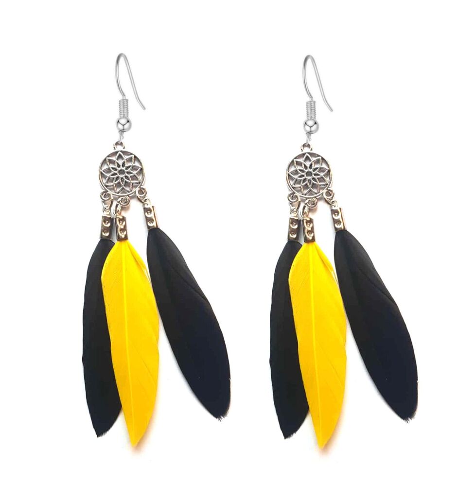 Black and Yellow Feather Dangle Earrings, Chandelier Design with Three Sleek Feathers