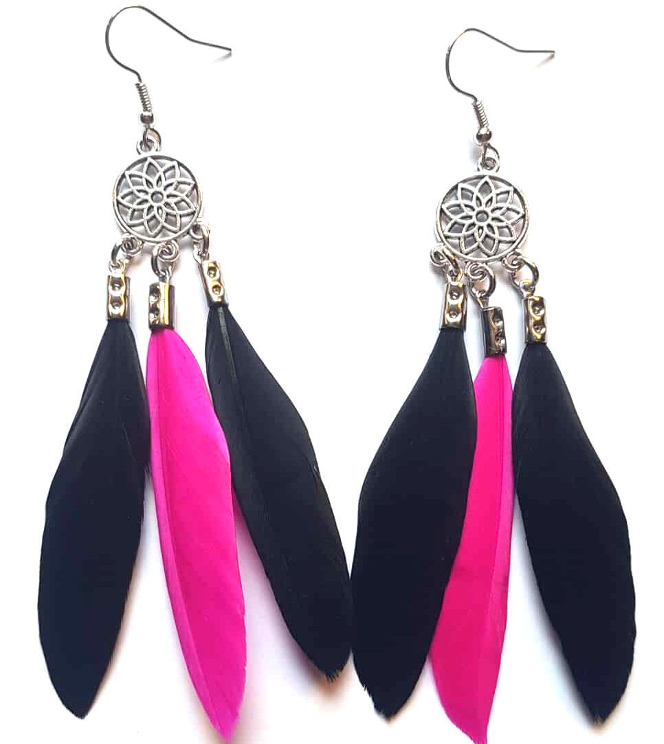 Black and Shocking Pink Feather Earrings with Decorative Silver Pendant