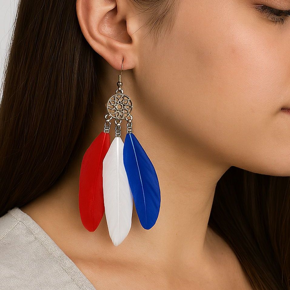 Red, White & Blue Feather Earrings &ndash; British Boho Statement Jewellery