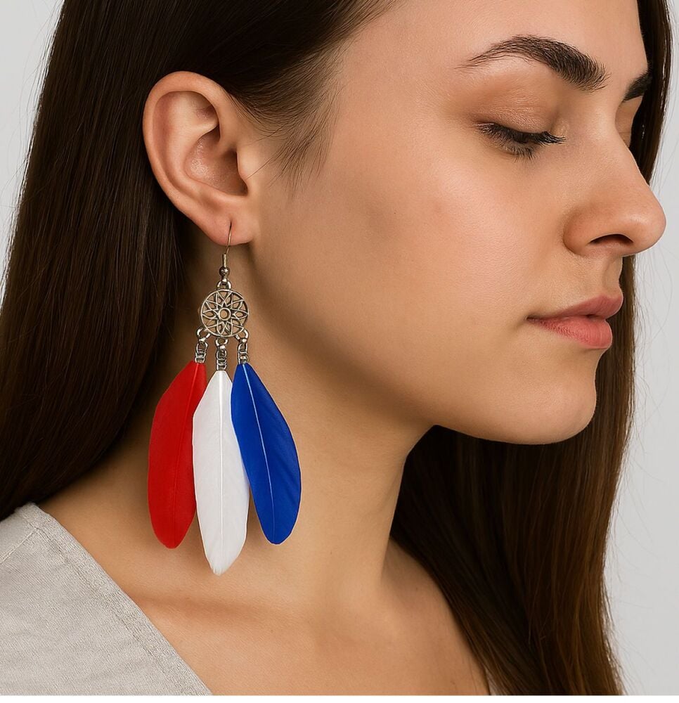 Red, White & Blue Feather Earrings – British Boho Statement Jewellery