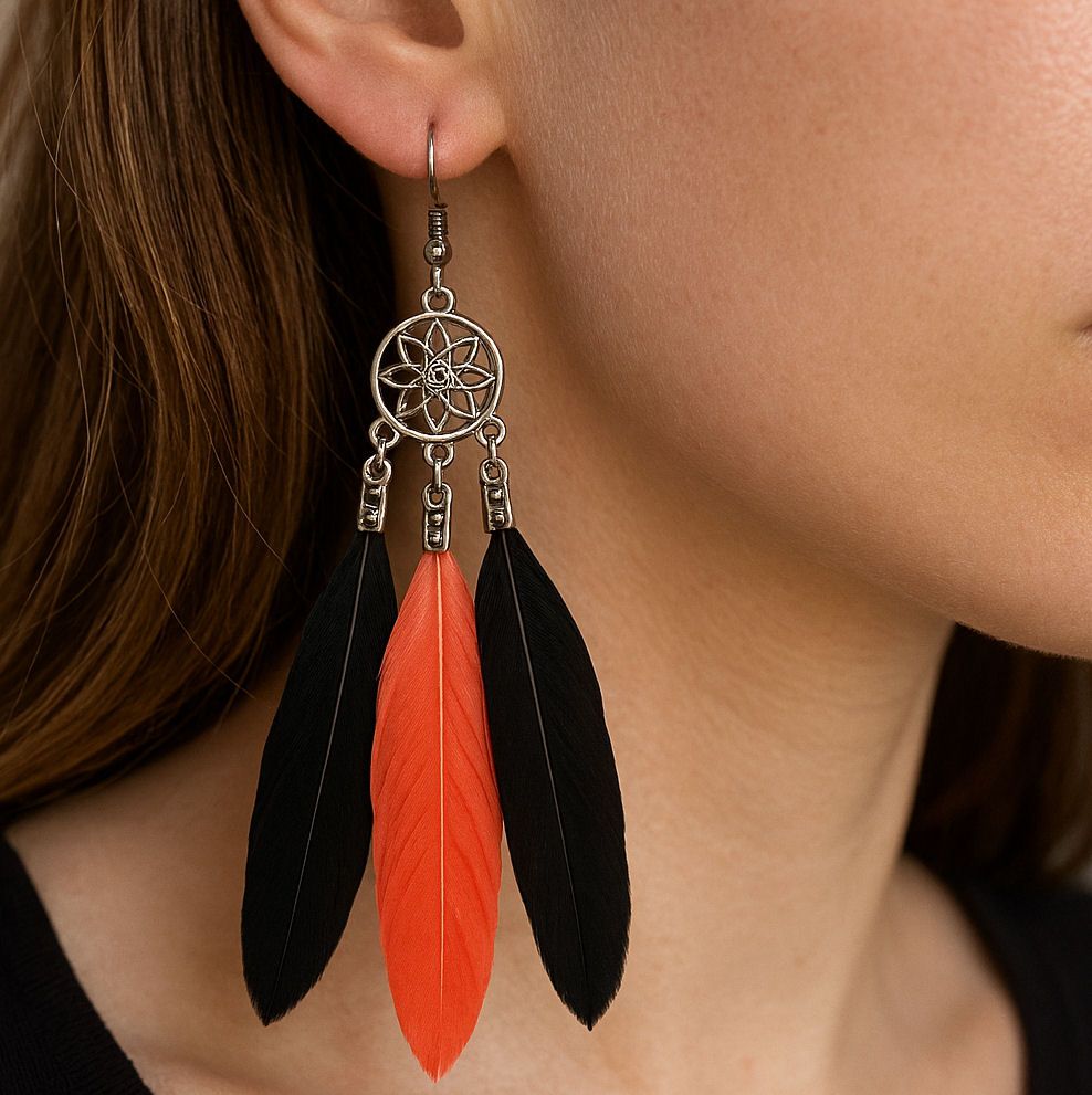 Black and Coral Feather Dangle Earrings, Chandelier Design with Three Sleek Feathers