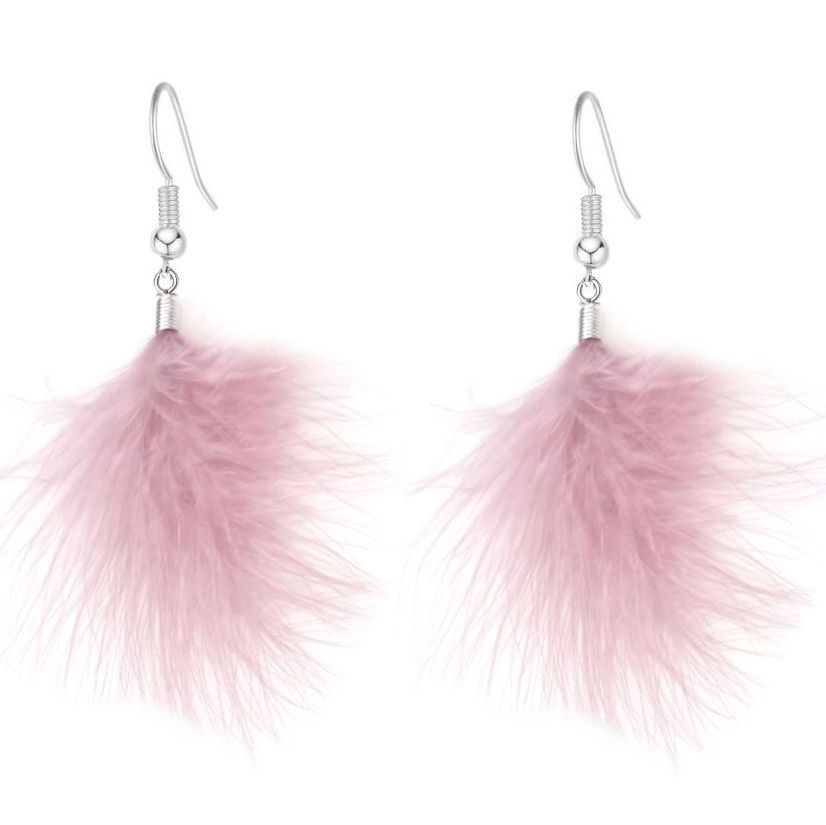 Dusky Rose Pink marabou feather earrings with soft, wispy off-white feather