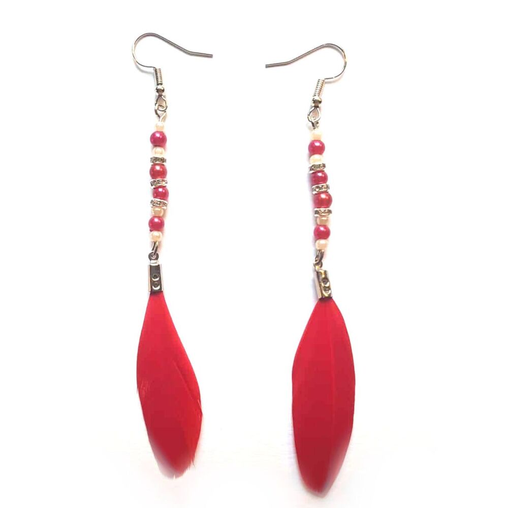 Red Feather Beaded Earrings – Boho Chic