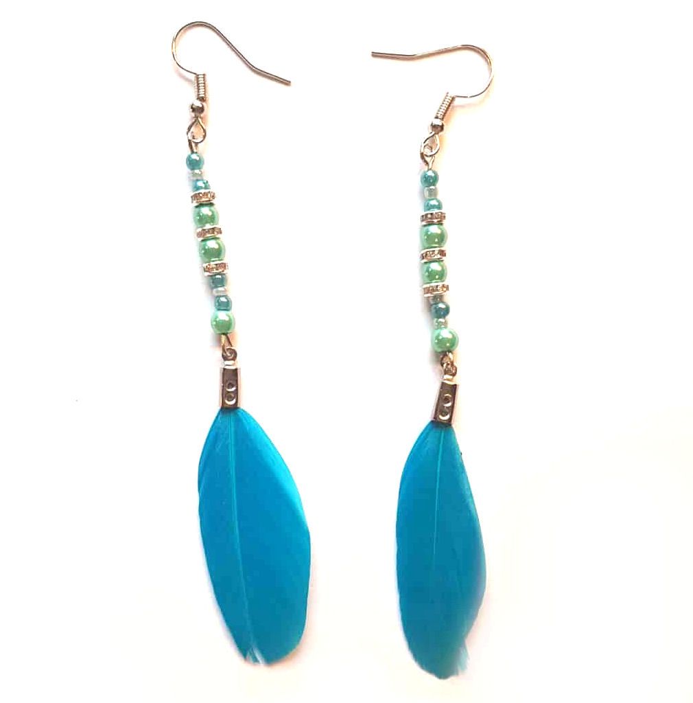 Aqua Blue Feather Earrings with Silver & Turquoise Pearls