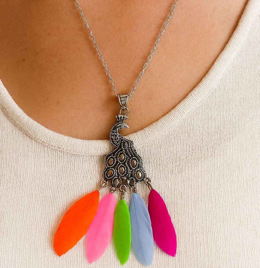 Peacock Silver Pendant Necklace with Colourful Goose Feathers – 20" Chain