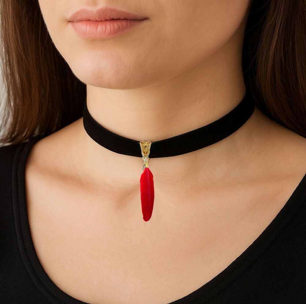 Black Velvet Choker Featuring Red Goose Feather