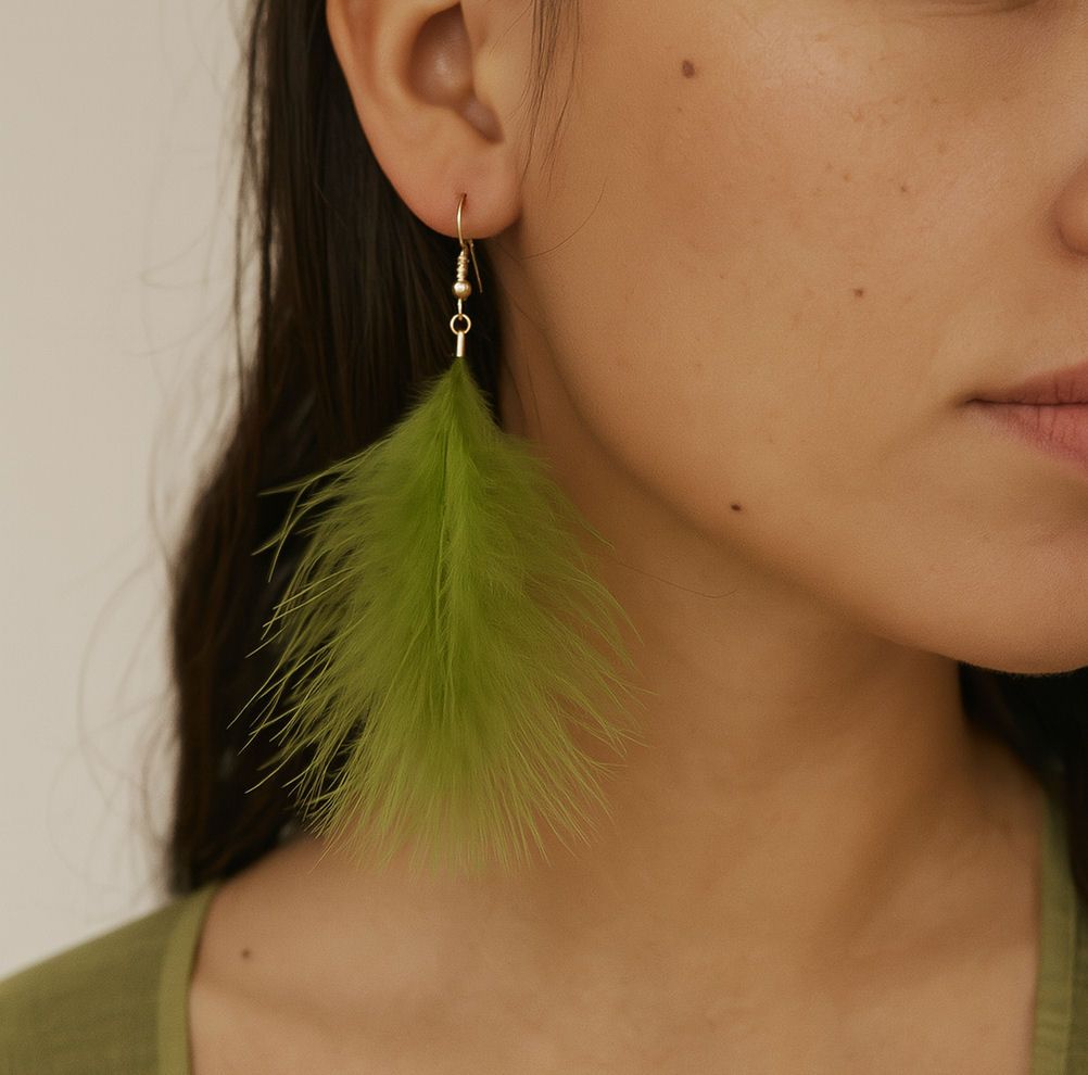 Moss Green Marabou Feather Earrings – Gold Hook