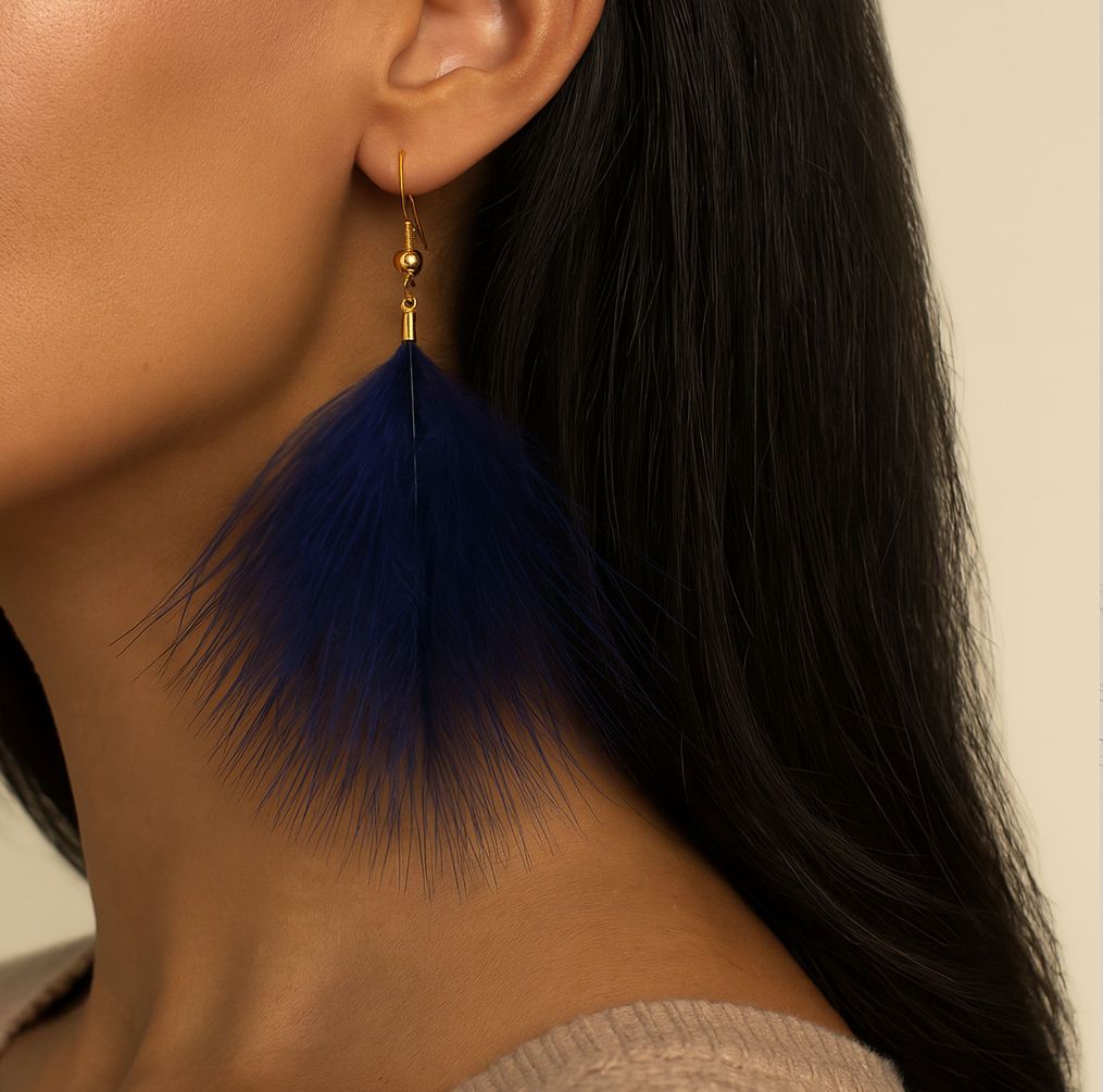 Navy Blue Marabou Feather Earrings – Gold Hook
