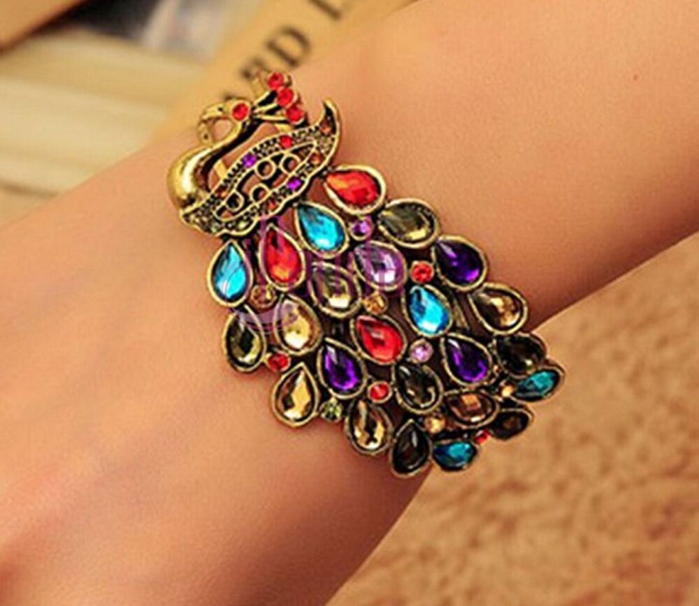 Vibrant Peacock Statement Bracelet – Multicolor Gemstone Cuff