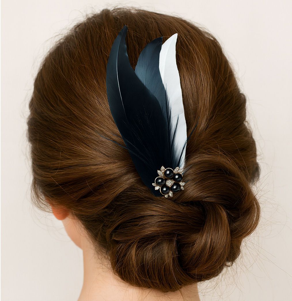 Black, White & Dusky Blue Feather Hair Clip