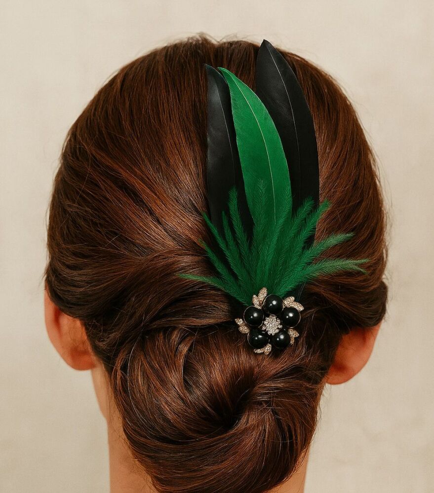 Black and Dark Green Feather Hair Clip, Pointed
