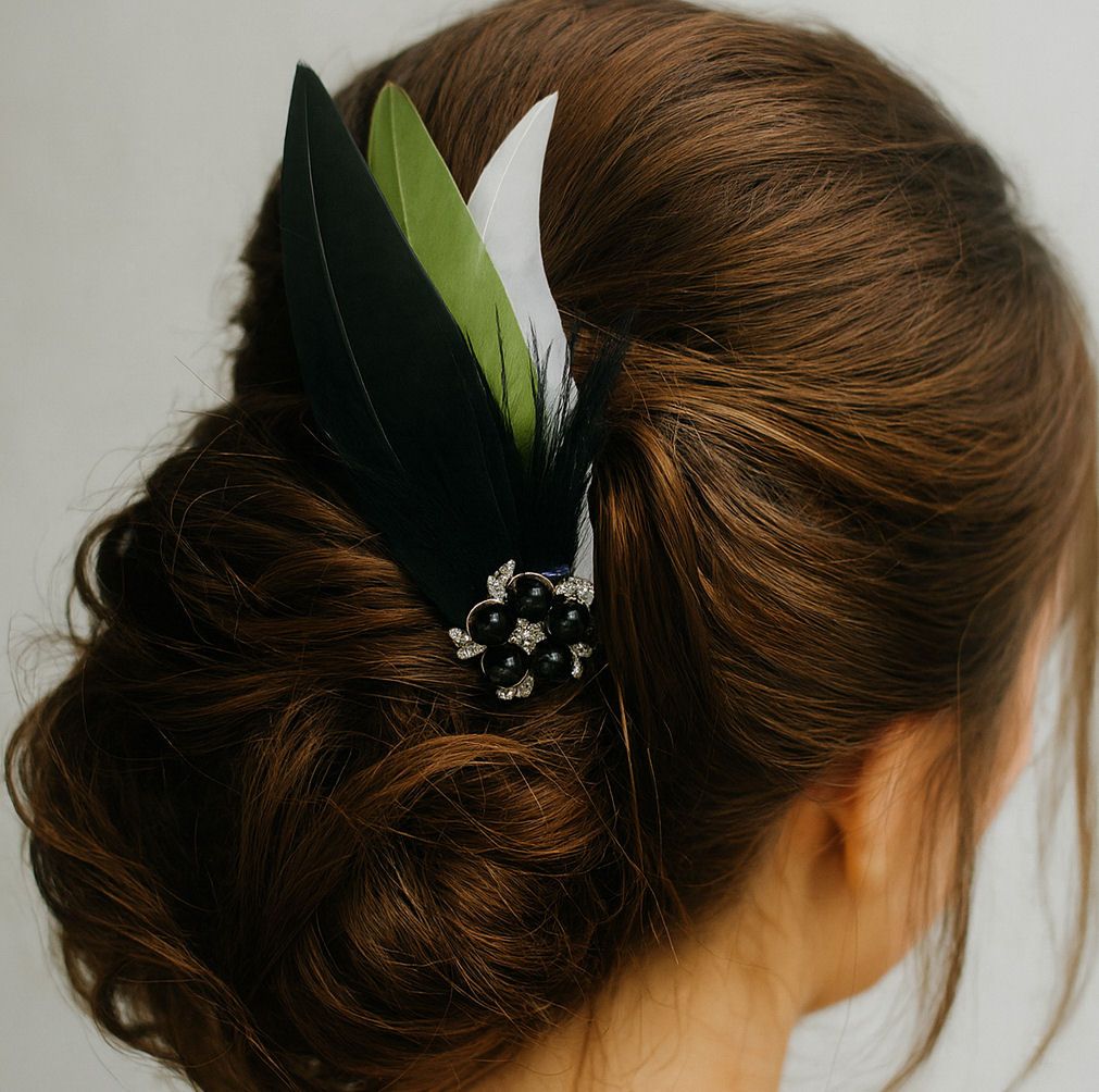 Black, White & Olive Green Feather Hair Clip